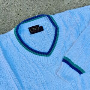 Vintage Lake Harmony Rowing Club V Neck Sweater‎ Baby Blue Nautical Preppy